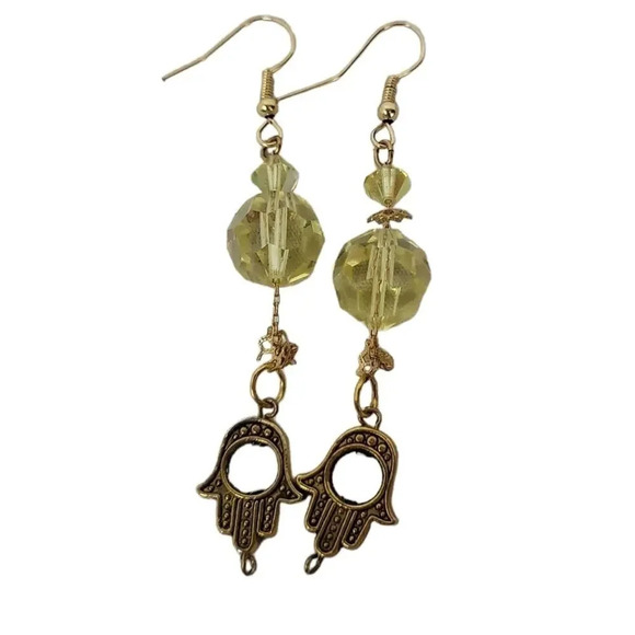 Hand Crafted Jewelry - Hamsa Hand Yellow Glass Disco Dangle Earrings